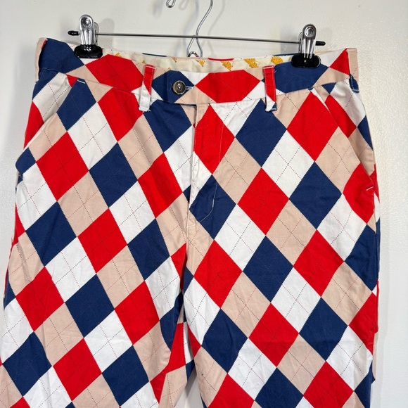 Loudmouth Golf Pants Mens 34 X 32 Dixie Argyle Pattern Red White Blue Tan - Picture 3 of 10